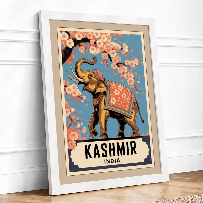 Kashmir Elephant Vintage Framed Wall Art Print A1 (84.1×59.4cm) White, Wall Decor for Living Room, Bedroom, Office & Home, Ready to Hang, Art Gift