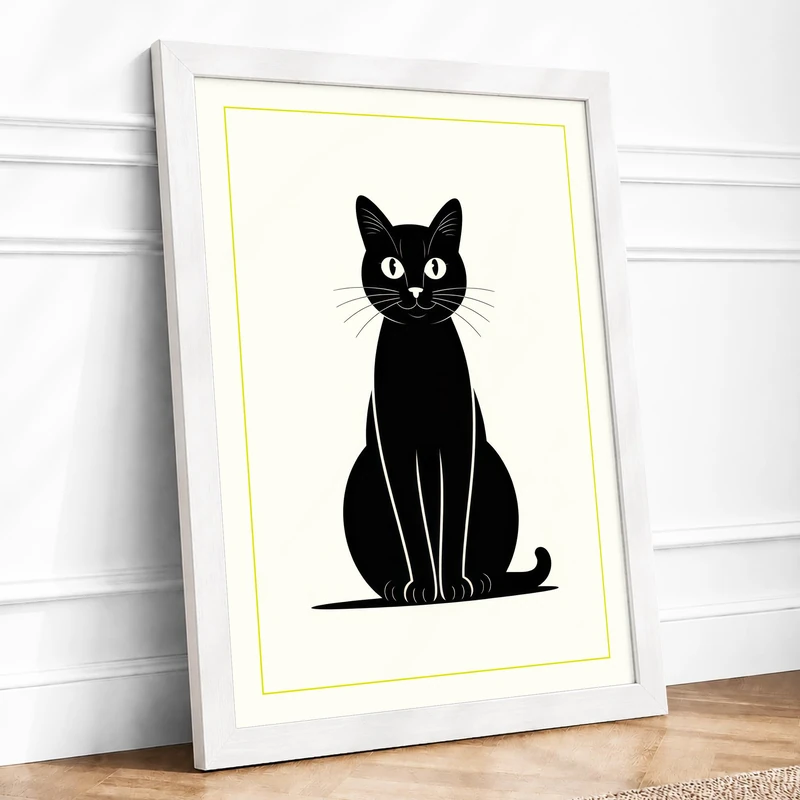Black Cat Minimalist Framed Wall Art Print A1 (84.1×59.4cm) White, Wall Decor for Living Room, Bedroom, Office & Home, Ready to Hang, Art Gift