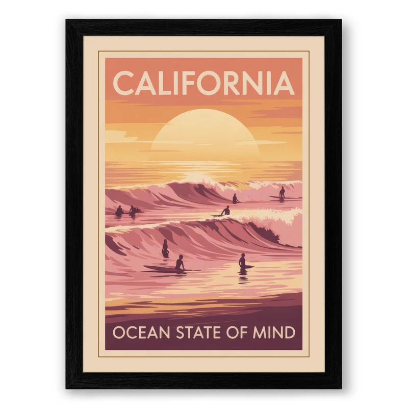 California Ocean State of Mind Retro Framed Wall Art Print A1 (84.1×59.4cm) Black, Wall Decor for Living Room, Bedroom, Office & Home, Ready to Hang, Art Gift