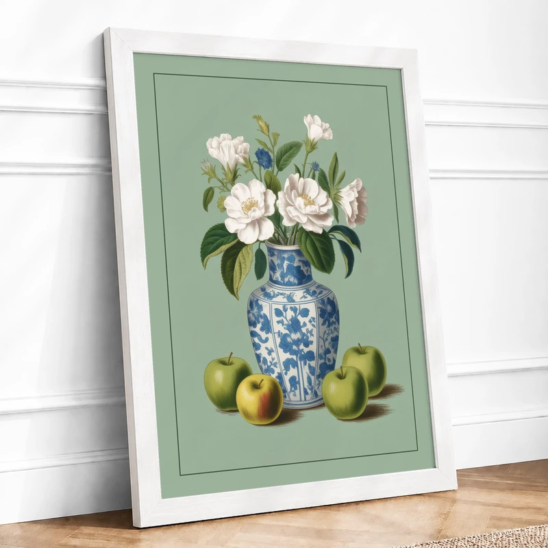 Peonies in Porcelain Botanical Framed Wall Art Print A1 (84.1×59.4cm) White, Wall Decor for Living Room, Bedroom, Office & Home, Ready to Hang, Art Gift