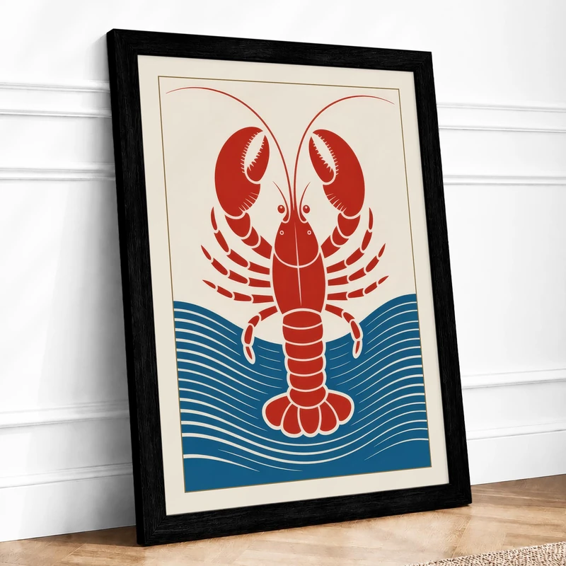 Lobster and Waves Retro Framed Wall Art Print A1 (84.1×59.4cm) Black, Wall Decor for Living Room, Bedroom, Office & Home, Ready to Hang, Art Gift - Image 1