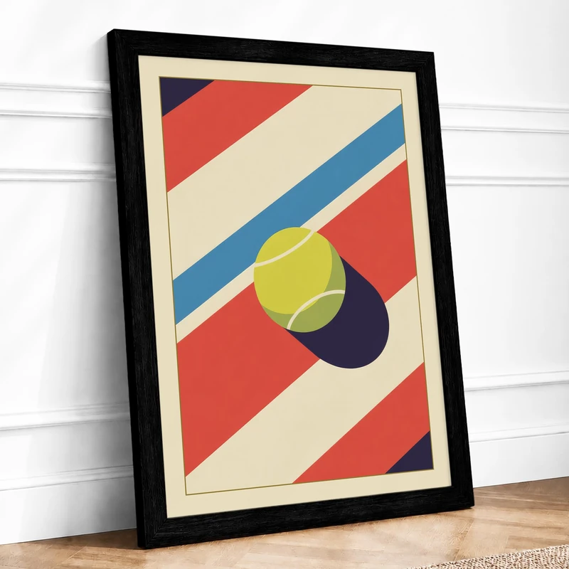 Tennis Ball Stripes Retro Framed Wall Art Print A1 (84.1×59.4cm) Black, Wall Decor for Living Room, Bedroom, Office & Home, Ready to Hang, Art Gift