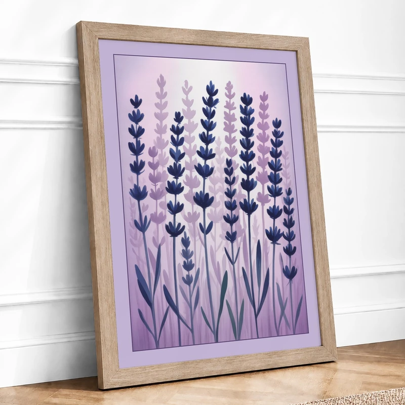 Lavender Field Botanical Framed Wall Art Print A1 (84.1×59.4cm) Oak, Wall Decor for Living Room, Bedroom, Office & Home, Ready to Hang, Art Gift