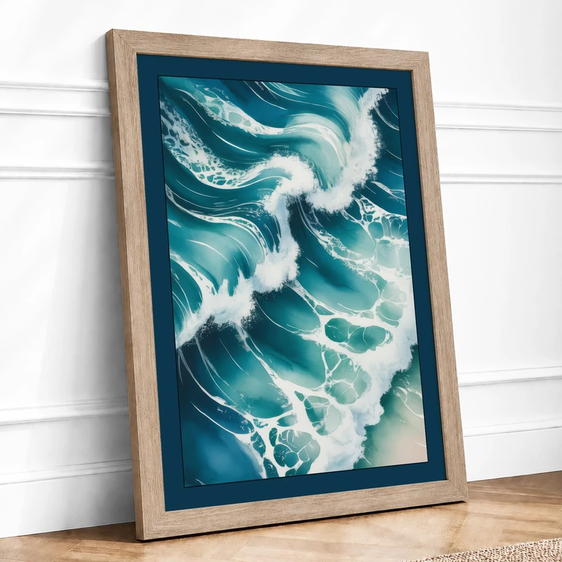 Waves Rolling Ashore Coastal Framed Wall Art Print A1 (84.1×59.4cm) Oak, Wall Decor for Living Room, Bedroom, Office & Home, Ready to Hang, Art Gift - Image 1