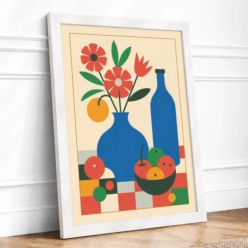 Still Life in Blue and Red Mid-Century Framed Wall Art Print A1 (84.1×59.4cm) White, Wall Decor for Living Room, Bedroom, Office & Home, Ready to Hang, Art Gift