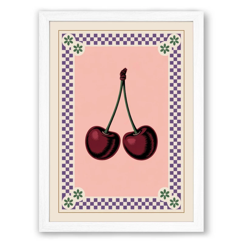 Cherries and Stem Vintage Framed Wall Art Print A1 (84.1×59.4cm) White, Wall Decor for Living Room, Bedroom, Office & Home, Ready to Hang, Art Gift