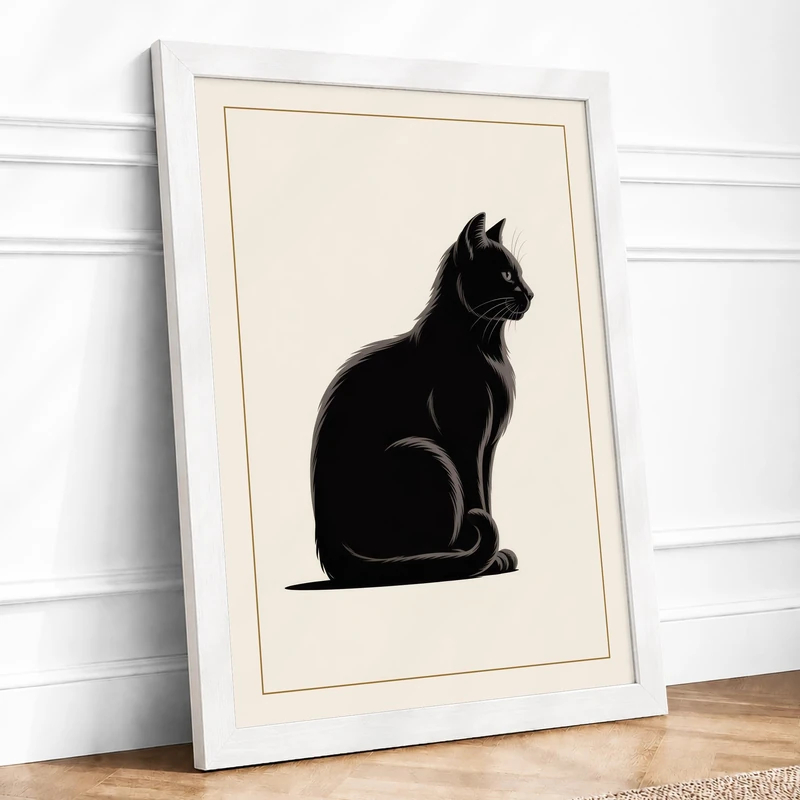Silent Black Cat Minimalist Framed Wall Art Print A1 (84.1×59.4cm) White, Wall Decor for Living Room, Bedroom, Office & Home, Ready to Hang, Art Gift