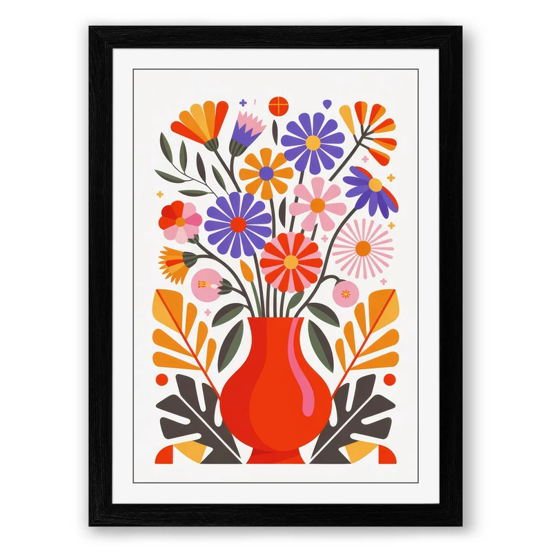 Garden in Red Vase Botanical Framed Wall Art Print A1 (84.1×59.4cm) Black, Wall Decor for Living Room, Bedroom, Office & Home, Ready to Hang, Art Gift