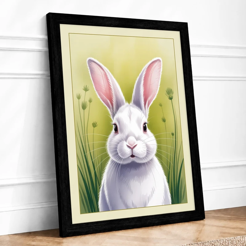 Gentle Rabbit with Seeds Botanical Framed Wall Art Print A1 (84.1×59.4cm) Black, Wall Decor for Living Room, Bedroom, Office & Home, Ready to Hang, Art Gift