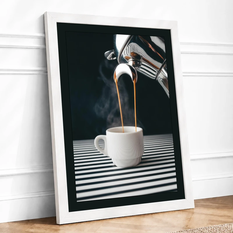 Coffee Pour Modern Framed Wall Art Print A1 (84.1×59.4cm) White, Wall Decor for Living Room, Bedroom, Office & Home, Ready to Hang, Art Gift - Image 1