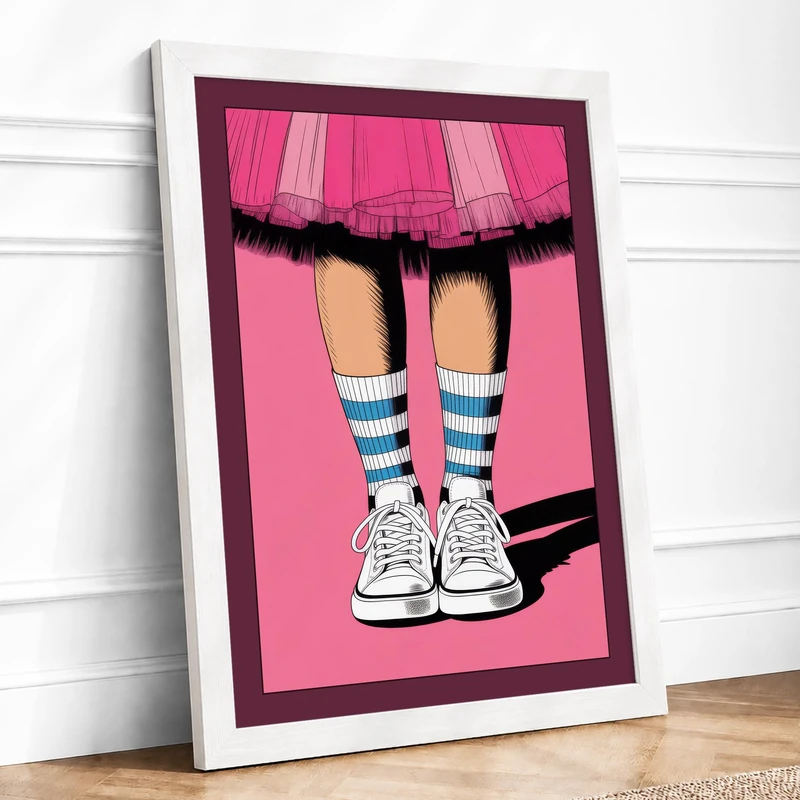 Pink Tulle and Stripes Retro Framed Wall Art Print A1 (84.1×59.4cm) White, Wall Decor for Living Room, Bedroom, Office & Home, Ready to Hang, Art Gift