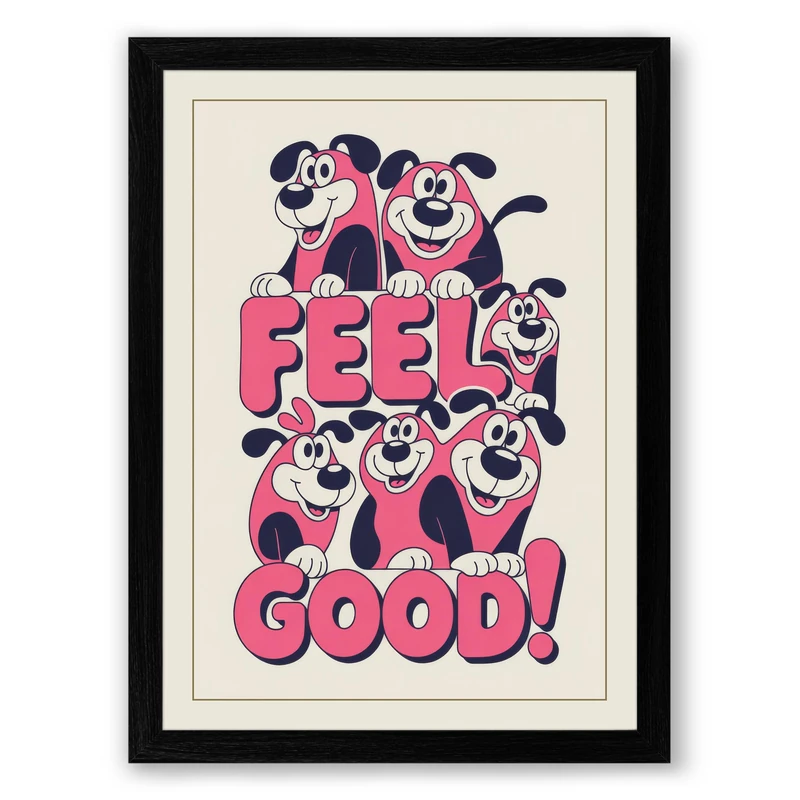 Feel Good Dogs Retro Framed Wall Art Print A1 (84.1×59.4cm) Black, Wall Decor for Living Room, Bedroom, Office & Home, Ready to Hang, Art Gift