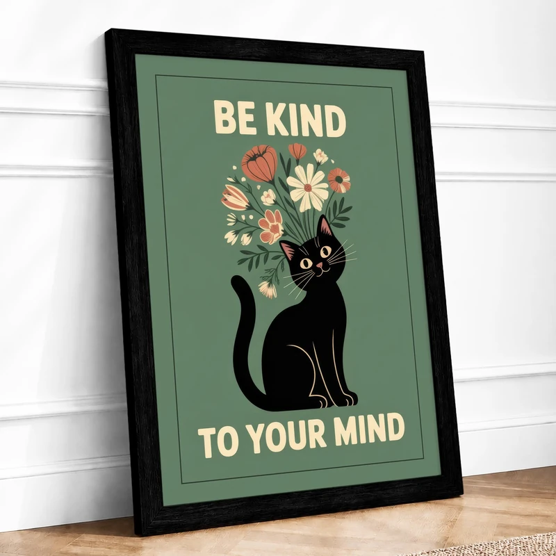 Be Kind To Your Mind Minimalist Framed Wall Art Print A1 (84.1×59.4cm) Black, Wall Decor for Living Room, Bedroom, Office & Home, Ready to Hang, Art Gift
