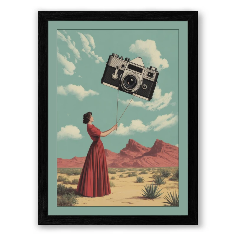 Woman with Floating Camera Vintage Framed Wall Art Print A1 (84.1×59.4cm) Black, Wall Decor for Living Room, Bedroom, Office & Home, Ready to Hang, Art Gift