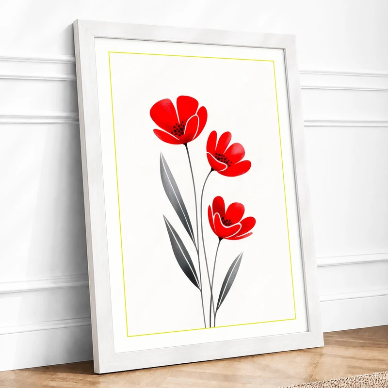 Red Tulips on White Botanical Framed Wall Art Print A1 (84.1×59.4cm) White, Wall Decor for Living Room, Bedroom, Office & Home, Ready to Hang, Art Gift