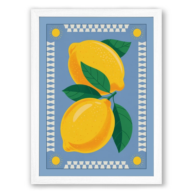 Bright Lemons Boho Framed Wall Art Print A1 (84.1×59.4cm) White, Wall Decor for Living Room, Bedroom, Office & Home, Ready to Hang, Art Gift