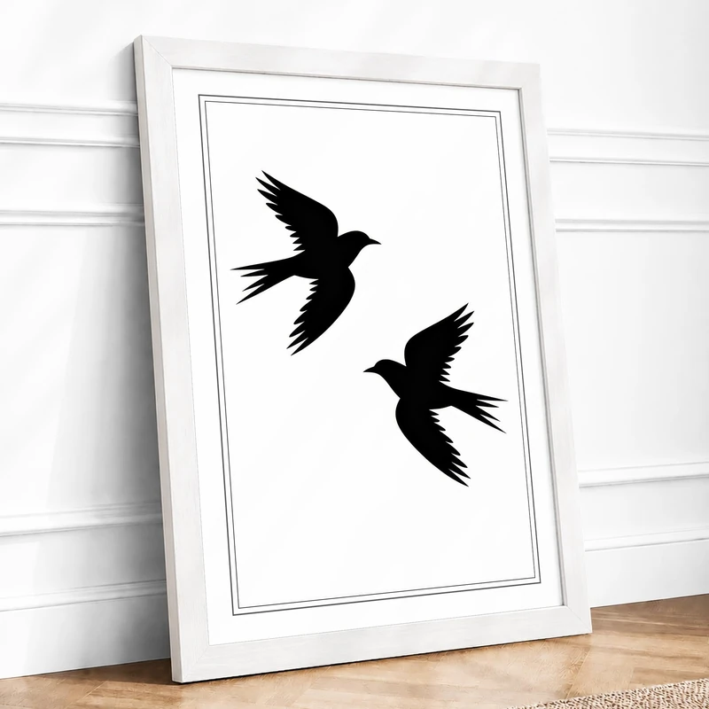 Two Birds in Flight Minimalist Framed Wall Art Print A1 (84.1×59.4cm) White, Wall Decor for Living Room, Bedroom, Office & Home, Ready to Hang, Art Gift