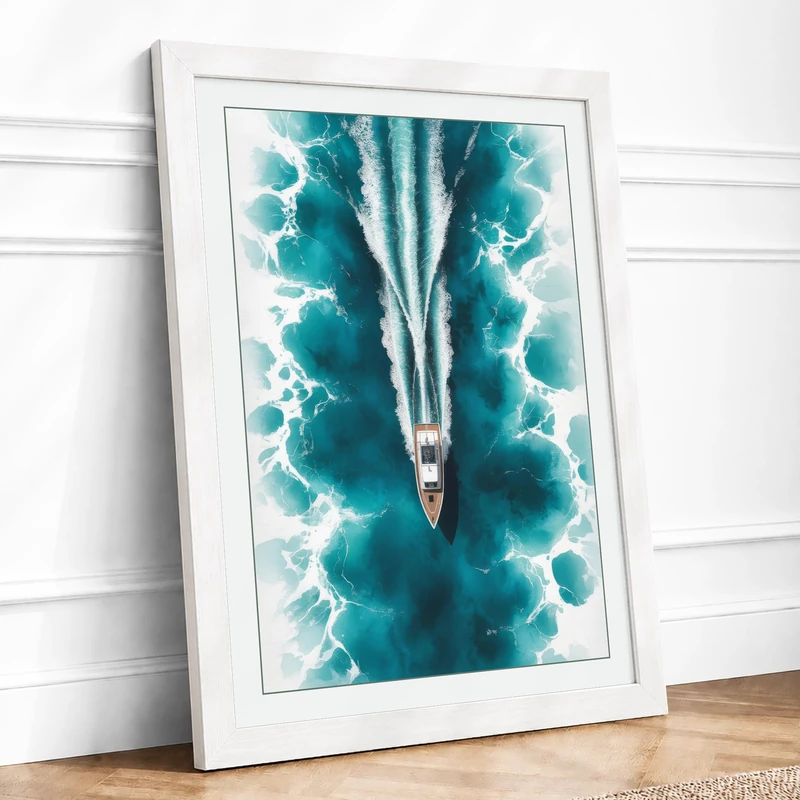 Boat Wake from Above Modern Framed Wall Art Print A1 (84.1×59.4cm) White, Wall Decor for Living Room, Bedroom, Office & Home, Ready to Hang, Art Gift - Image 1