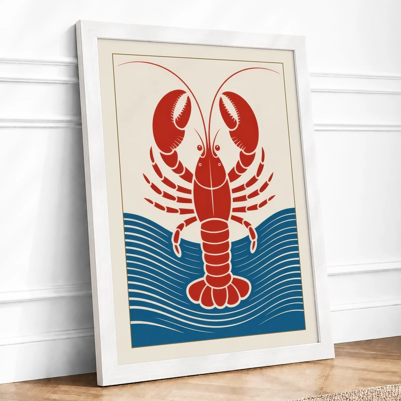 Lobster and Waves Retro Framed Wall Art Print A1 (84.1×59.4cm) White, Wall Decor for Living Room, Bedroom, Office & Home, Ready to Hang, Art Gift