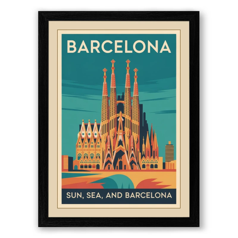Postcard from Barcelona Vintage Framed Wall Art Print A1 (84.1×59.4cm) Black, Wall Decor for Living Room, Bedroom, Office & Home, Ready to Hang, Art Gift