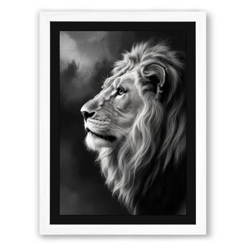 Lion in Profile Minimalist Framed Wall Art Print A1 (84.1×59.4cm) White, Wall Decor for Living Room, Bedroom, Office & Home, Ready to Hang, Art Gift