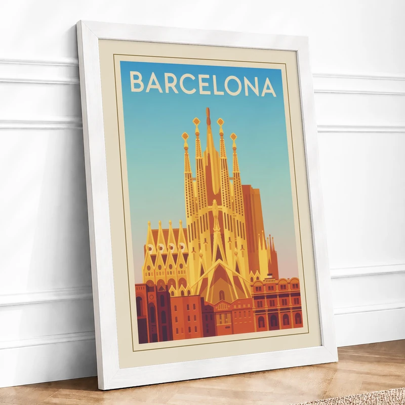 Postcard from Barcelona Vintage Framed Wall Art Print A1 (84.1×59.4cm) White, Wall Decor for Living Room, Bedroom, Office & Home, Ready to Hang, Art Gift - Image 1