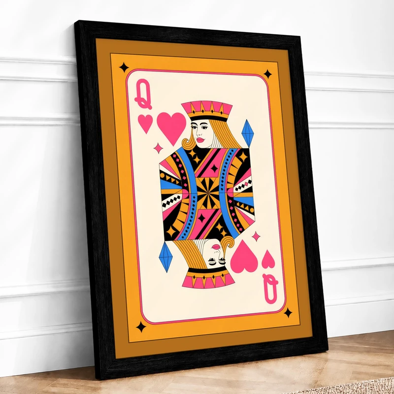 Queen of Hearts Modern Framed Wall Art Print A1 (84.1×59.4cm) Black, Wall Decor for Living Room, Bedroom, Office & Home, Ready to Hang, Art Gift