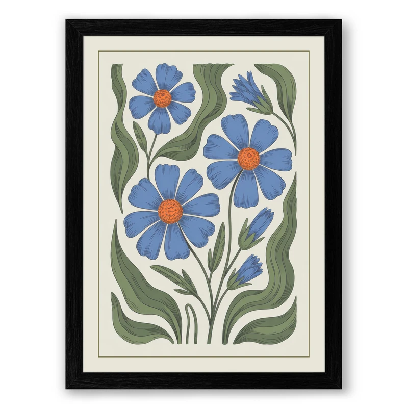 Blue Flowers in Motion Botanical Framed Wall Art Print A1 (84.1×59.4cm) Black, Wall Decor for Living Room, Bedroom, Office & Home, Ready to Hang, Art Gift