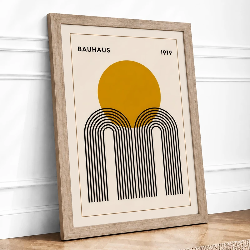Bauhaus Circle and Arch Geometric Framed Wall Art Print A1 (84.1×59.4cm) Oak, Wall Decor for Living Room, Bedroom, Office & Home, Ready to Hang, Art Gift