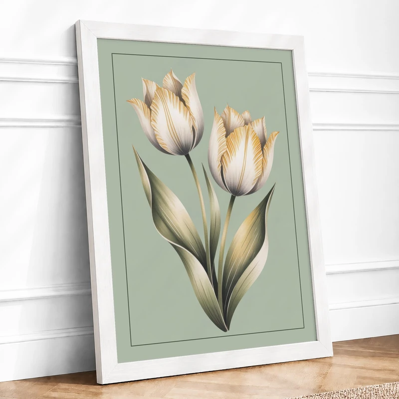 Ruffled Tulips Botanical Framed Wall Art Print A1 (84.1×59.4cm) White, Wall Decor for Living Room, Bedroom, Office & Home, Ready to Hang, Art Gift - Image 1