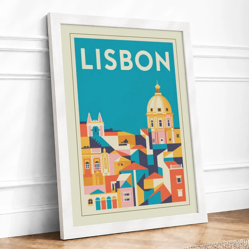 Postcard from Lisbon Vintage Framed Wall Art Print A1 (84.1×59.4cm) White, Wall Decor for Living Room, Bedroom, Office & Home, Ready to Hang, Art Gift - Image 1