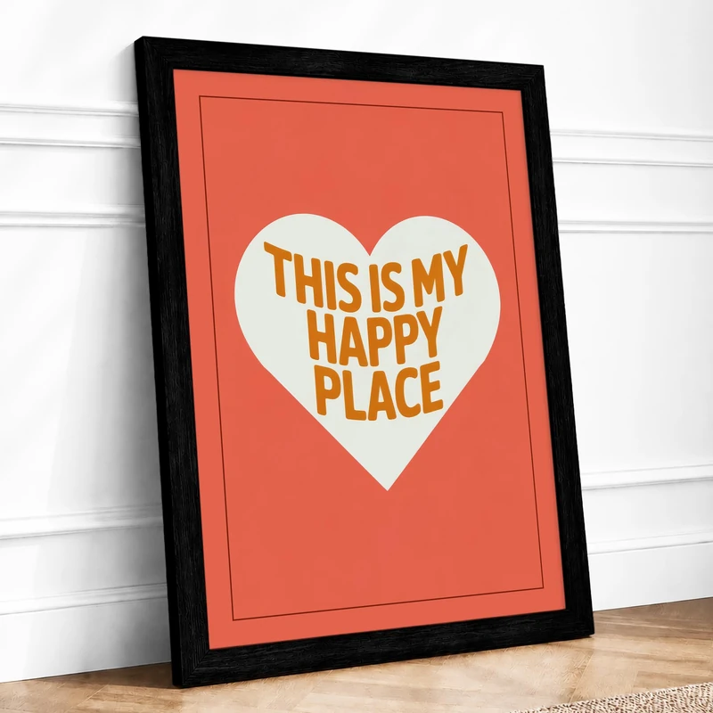 My Happy Place Modern Framed Wall Art Print A1 (84.1×59.4cm) Black, Wall Decor for Living Room, Bedroom, Office & Home, Ready to Hang, Art Gift