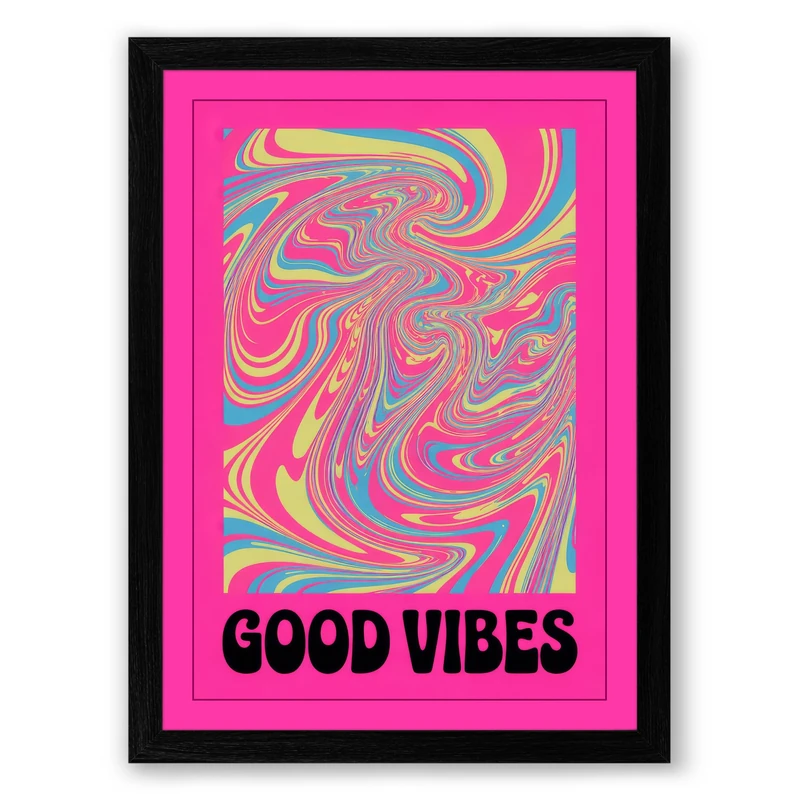 Good Vibes Swirl Retro Framed Wall Art Print A1 (84.1×59.4cm) Black, Wall Decor for Living Room, Bedroom, Office & Home, Ready to Hang, Art Gift