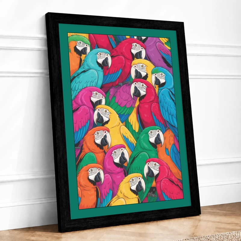 Macaw Gathering Modern Framed Wall Art Print A1 (84.1×59.4cm) Black, Wall Decor for Living Room, Bedroom, Office & Home, Ready to Hang, Art Gift - Image 1