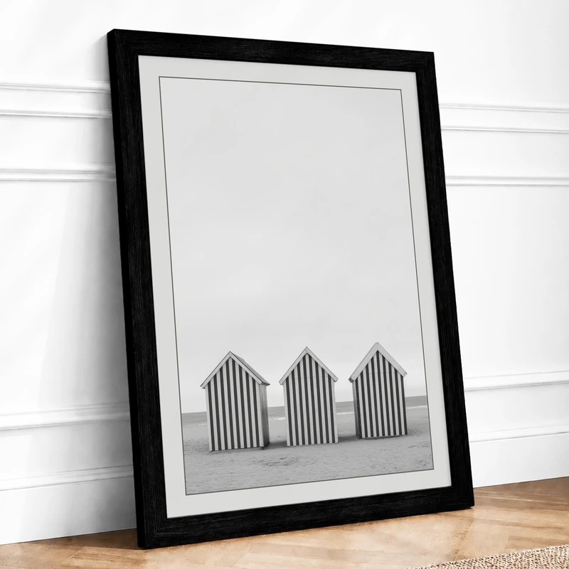 Beach Huts at Rest Minimalist Framed Wall Art Print A1 (84.1×59.4cm) Black, Wall Decor for Living Room, Bedroom, Office & Home, Ready to Hang, Art Gift