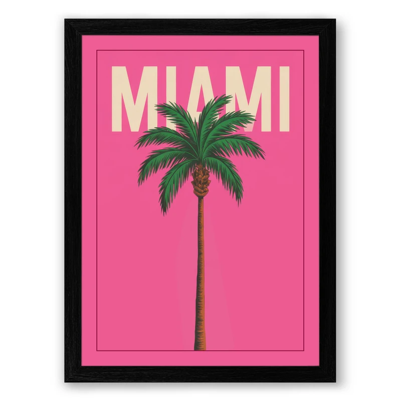 Miami Palm Minimalist Modern Framed Wall Art Print A1 (84.1×59.4cm) Black, Wall Decor for Living Room, Bedroom, Office & Home, Ready to Hang, Art Gift