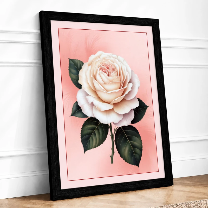 Pale Pink Rose Botanical Framed Wall Art Print A1 (84.1×59.4cm) Black, Wall Decor for Living Room, Bedroom, Office & Home, Ready to Hang, Art Gift