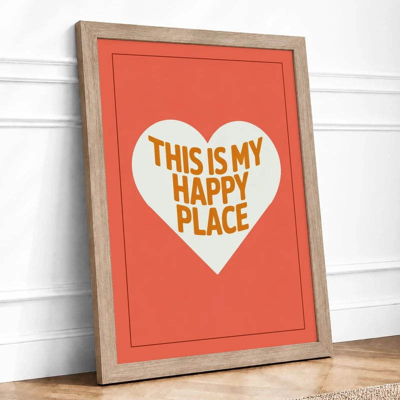 My Happy Place Modern Framed Wall Art Print A1 (84.1×59.4cm) Oak, Wall Decor for Living Room, Bedroom, Office & Home, Ready to Hang, Art Gift - Image 1