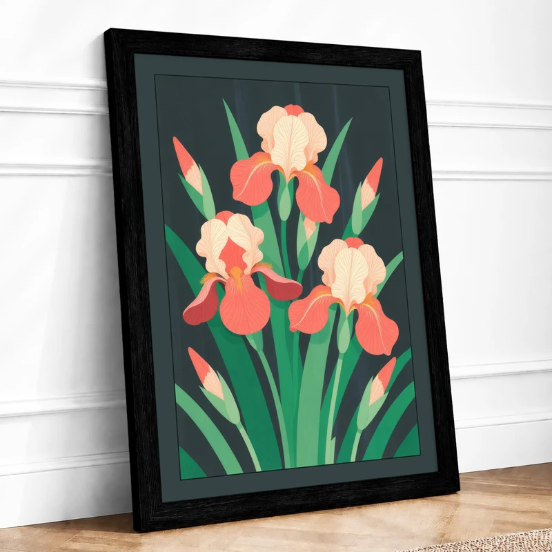 Iris Blooms Botanical Framed Wall Art Print A1 (84.1×59.4cm) Black, Wall Decor for Living Room, Bedroom, Office & Home, Ready to Hang, Art Gift