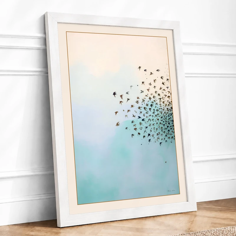Birds in Dissolution Minimalist Framed Wall Art Print A1 (84.1×59.4cm) White, Wall Decor for Living Room, Bedroom, Office & Home, Ready to Hang, Art Gift - Image 1