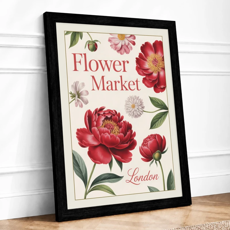 Flower Market London Botanical Framed Wall Art Print A1 (84.1×59.4cm) Black, Wall Decor for Living Room, Bedroom, Office & Home, Ready to Hang, Art Gift - Image 1