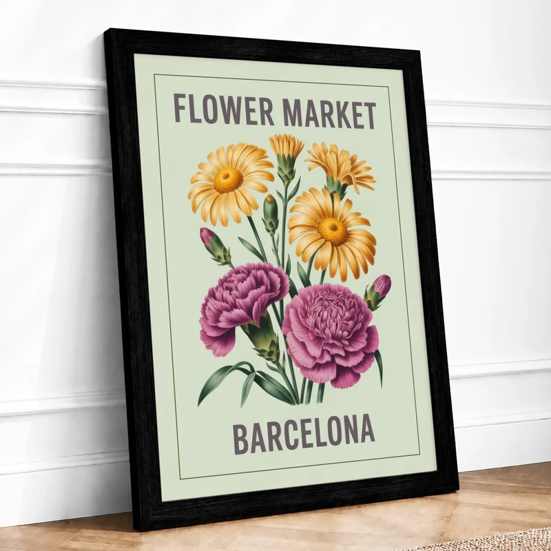 Barcelona Flower Market Botanical Framed Wall Art Print A1 (84.1×59.4cm) Black, Wall Decor for Living Room, Bedroom, Office & Home, Ready to Hang, Art Gift