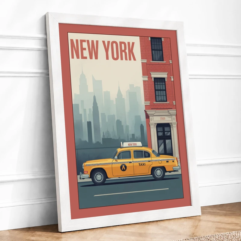 Postcard from New York Vintage Framed Wall Art Print A1 (84.1×59.4cm) White, Wall Decor for Living Room, Bedroom, Office & Home, Ready to Hang, Art Gift