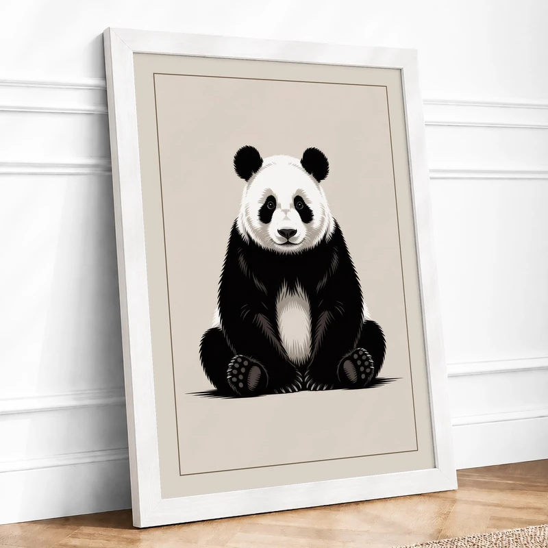 Seated Giant Panda Minimalist Framed Wall Art Print A1 (84.1×59.4cm) White, Wall Decor for Living Room, Bedroom, Office & Home, Ready to Hang, Art Gift