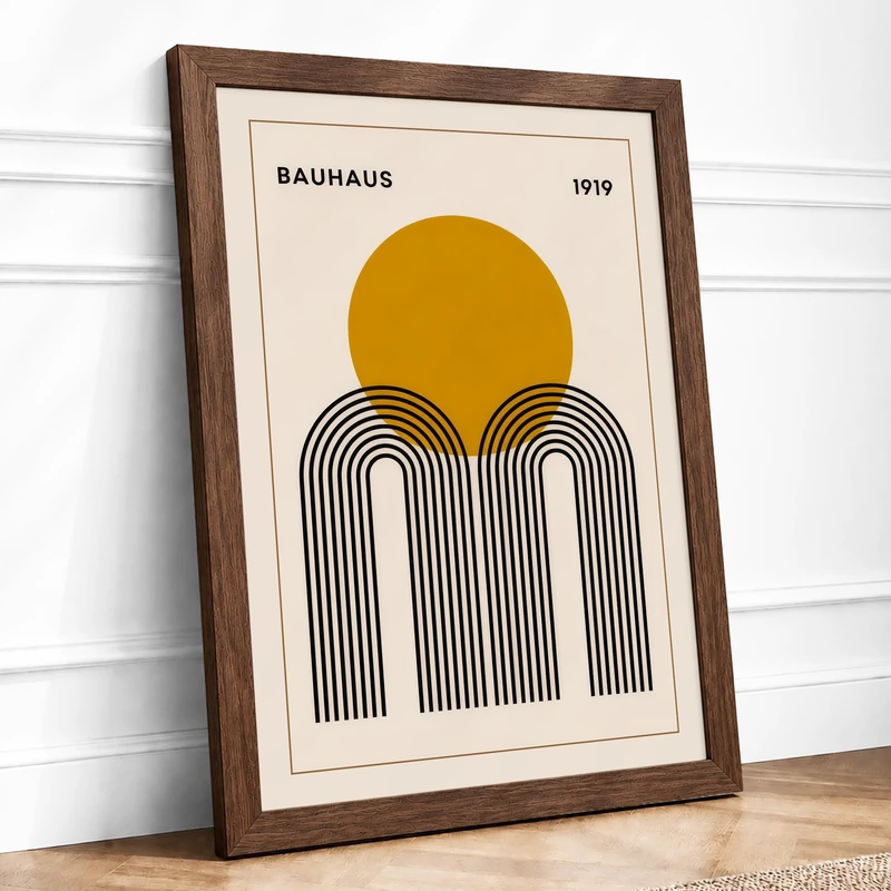 Bauhaus Circle and Arch Geometric Framed Wall Art Print A1 (84.1×59.4cm) Walnut, Wall Decor for Living Room, Bedroom, Office & Home, Ready to Hang, Art Gift