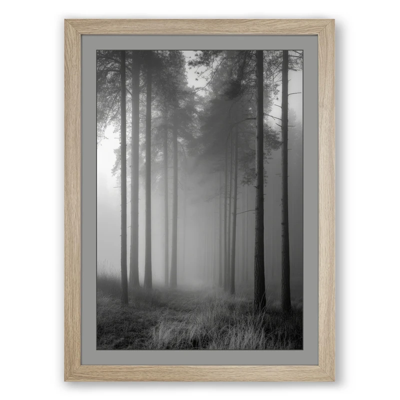 Forest in Mist Scandinavian Framed Wall Art Print A1 (84.1×59.4cm) Oak, Wall Decor for Living Room, Bedroom, Office & Home, Ready to Hang, Art Gift
