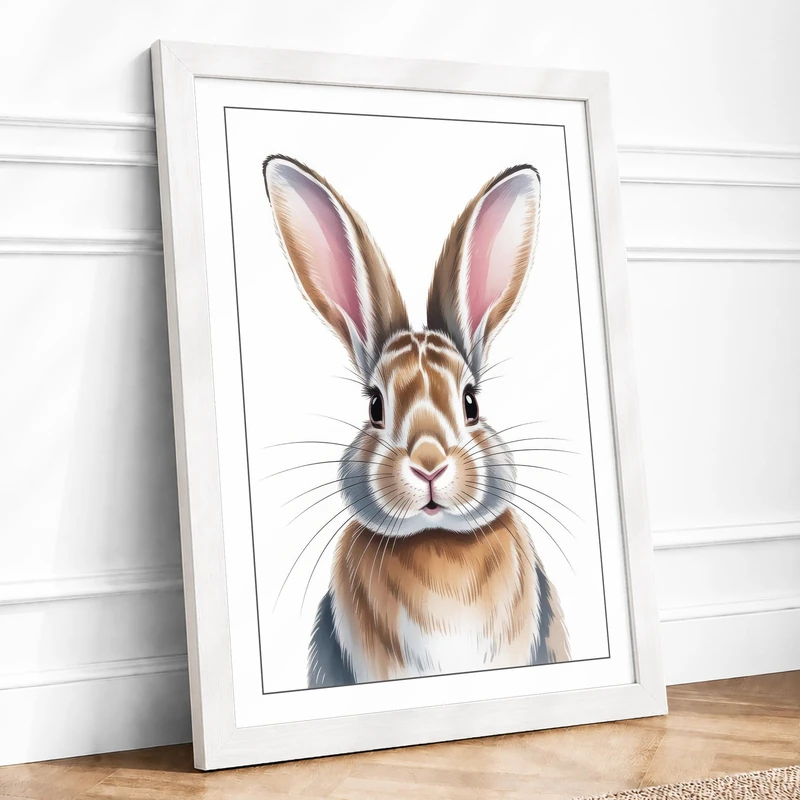 Gentle Rabbit Portrait Botanical Framed Wall Art Print A1 (84.1×59.4cm) White, Wall Decor for Living Room, Bedroom, Office & Home, Ready to Hang, Art Gift