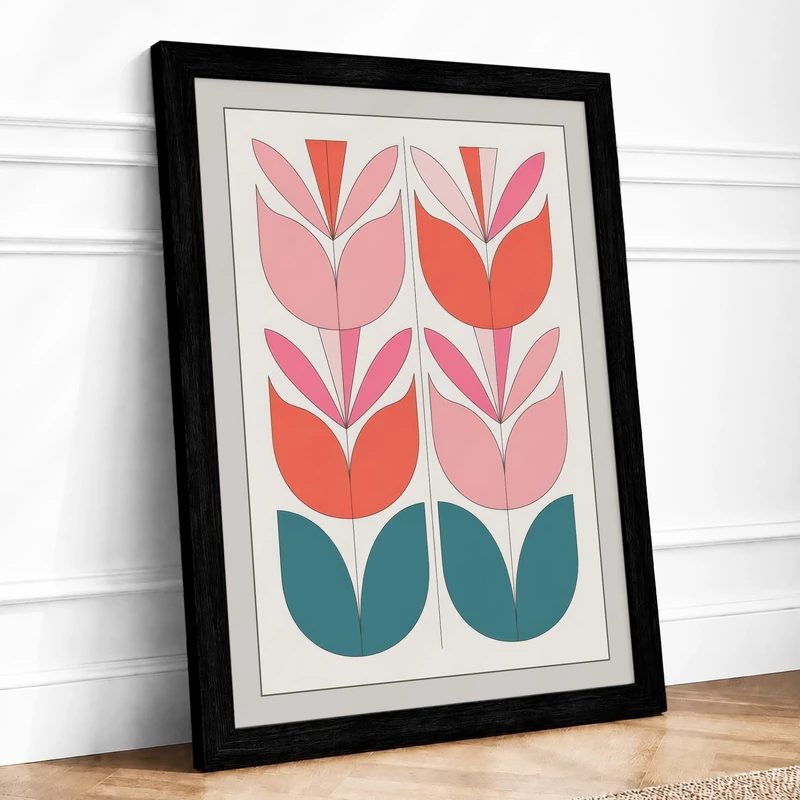 Geometric Tulips Mid-Century Framed Wall Art Print A1 (84.1×59.4cm) Black, Wall Decor for Living Room, Bedroom, Office & Home, Ready to Hang, Art Gift - Image 1