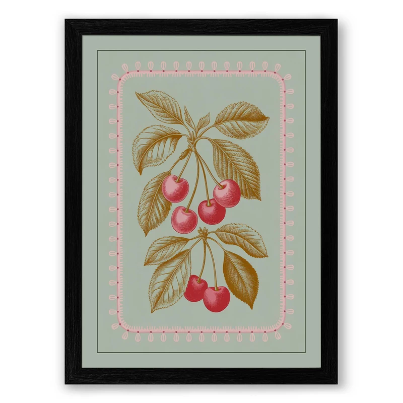Cherry Study Botanical Framed Wall Art Print A1 (84.1×59.4cm) Black, Wall Decor for Living Room, Bedroom, Office & Home, Ready to Hang, Art Gift