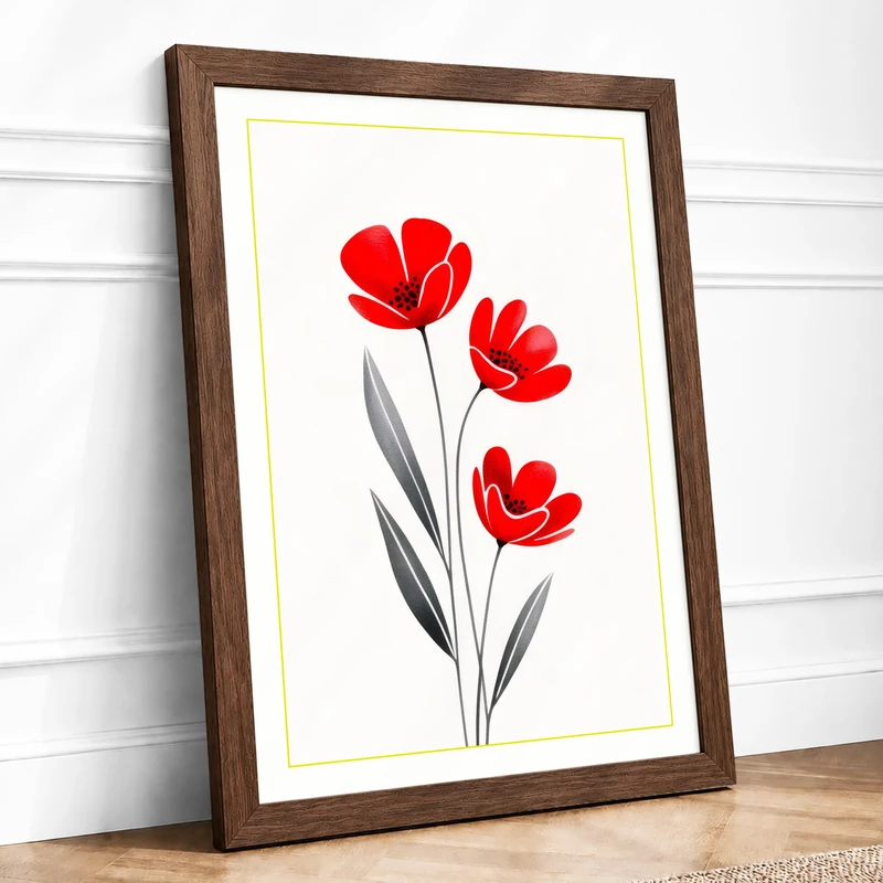 Red Tulips on White Botanical Framed Wall Art Print A1 (84.1×59.4cm) Walnut, Wall Decor for Living Room, Bedroom, Office & Home, Ready to Hang, Art Gift - Image 1